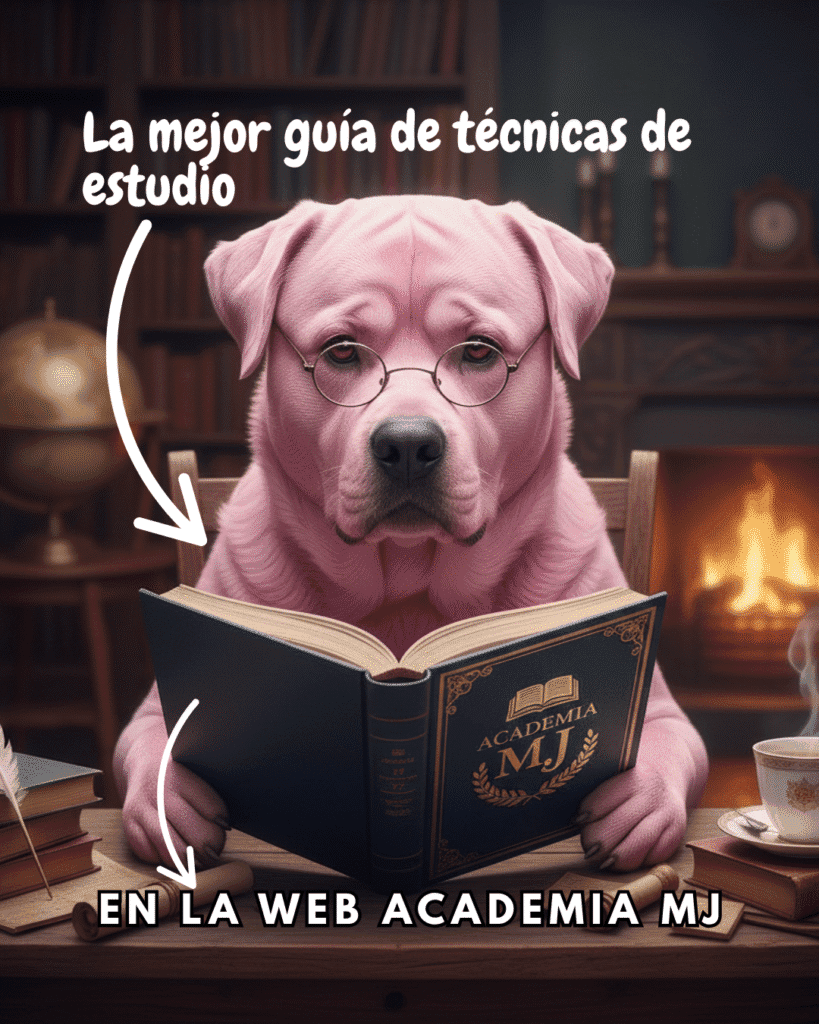 Perro de color rosado con gafas redondas leyendo un libro titulado "Academia MJ" en una biblioteca, acompañado del texto promocional "La mejor guía de técnicas de estudio en la web Academia MJ