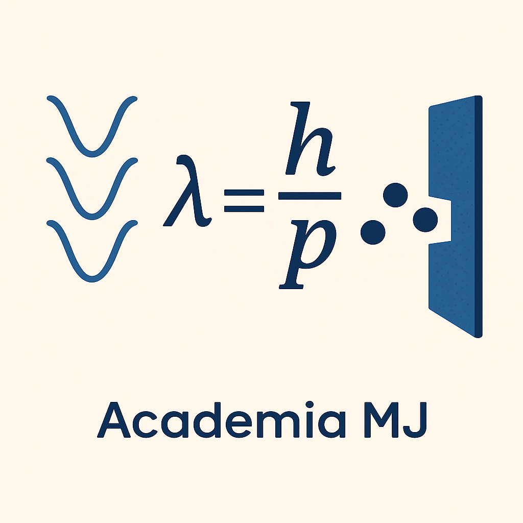 Ilustración cuadrada de la dualidad onda-corpúsculo: ondas, fotones y ecuación λ = h/p, con el texto “Academia MJ”