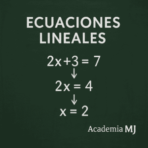 Imagen tipo pizarra verde oscuro con amplio margen: título “Ecuaciones lineales”, resolución paso a paso de 2x + 3 = 7 → 2x = 4 → x = 2 escrita en tiza blanca y logotipo Academia MJ en la esquina inferior derecha.