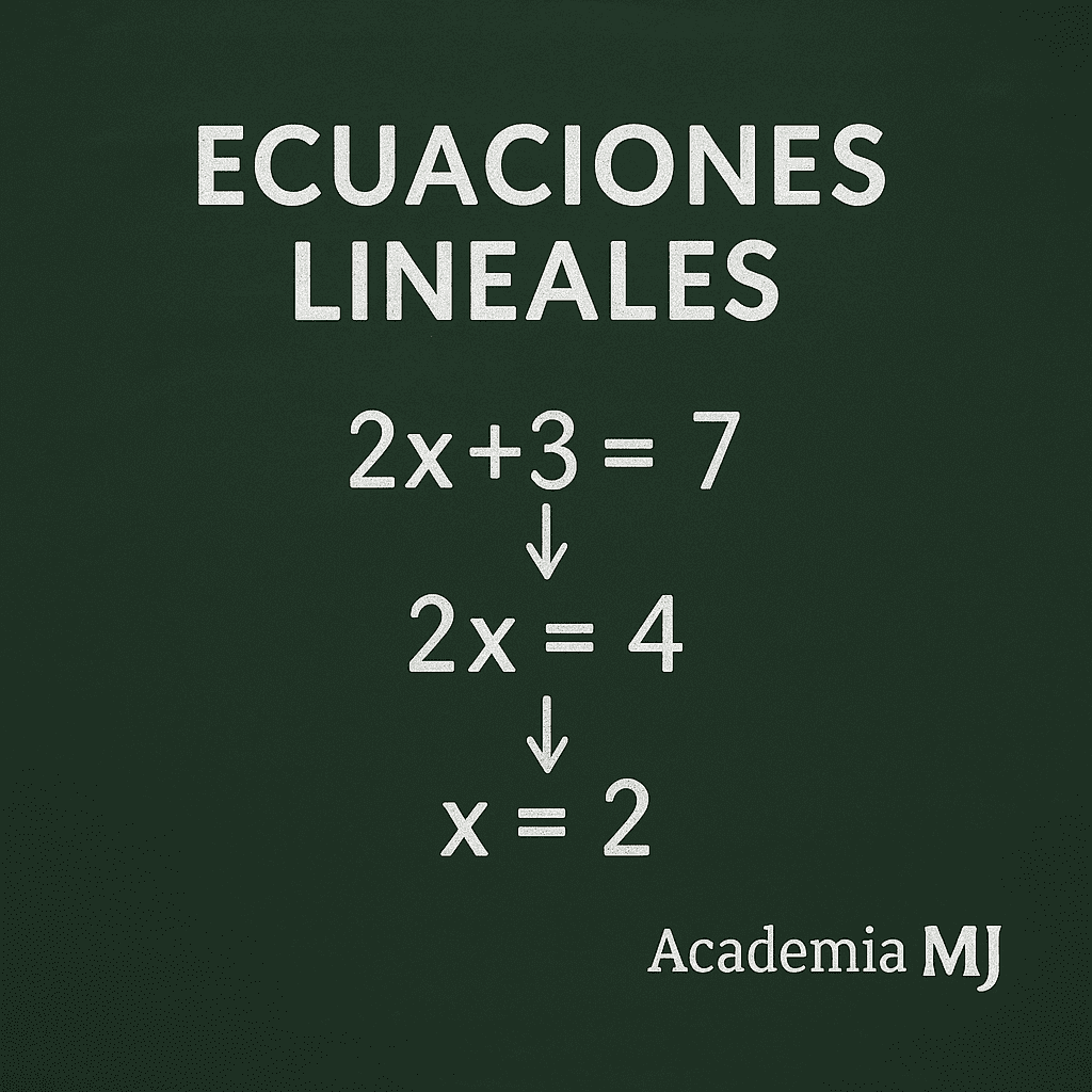 Imagen tipo pizarra verde oscuro con amplio margen: título “Ecuaciones lineales”, resolución paso a paso de 2x + 3 = 7 → 2x = 4 → x = 2 escrita en tiza blanca y logotipo Academia MJ en la esquina inferior derecha.