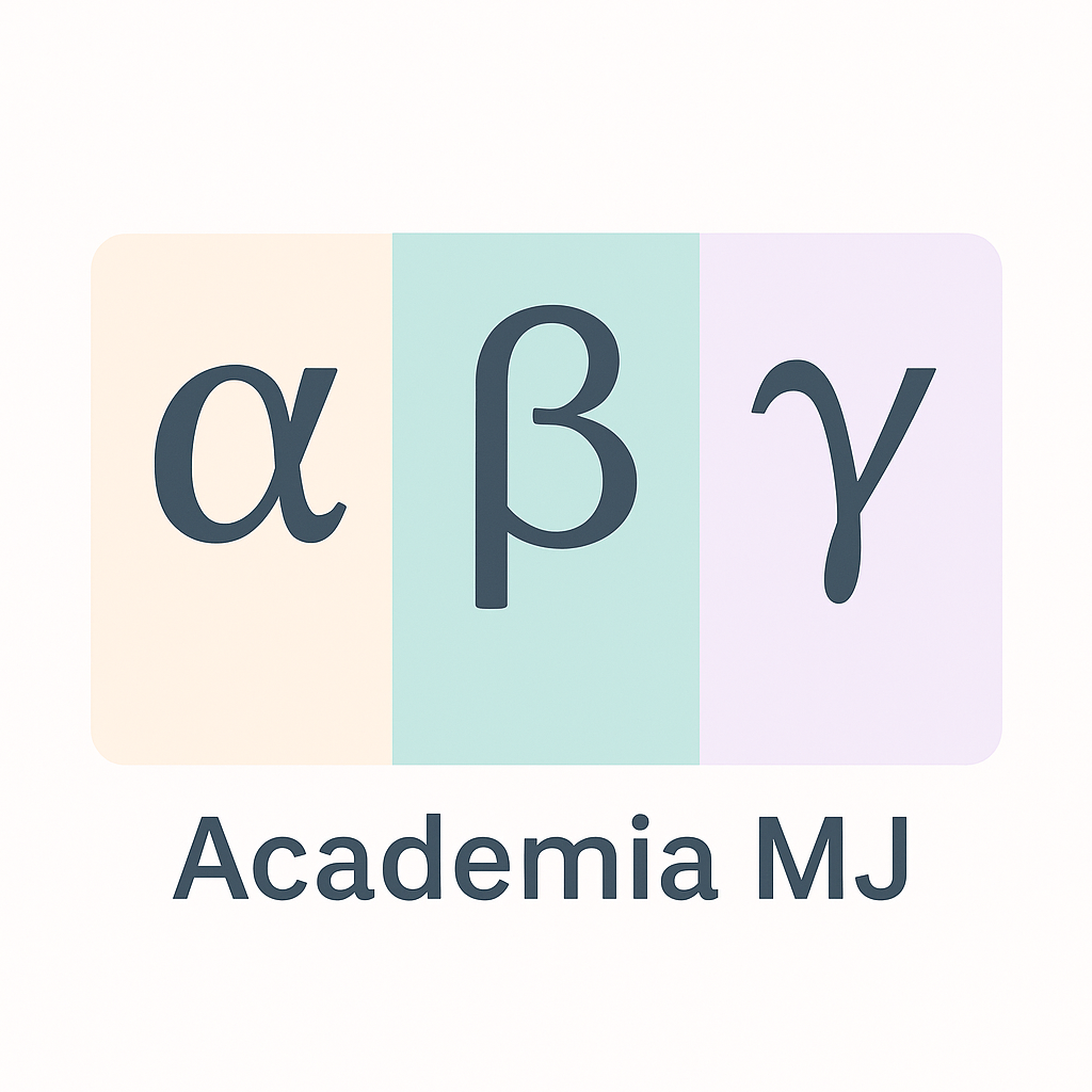 Ilustración minimalista 1:1 con los símbolos α, β y γ sobre fondos pastel, marcando las emisiones radiactivas y con la marca Academia MJ – Selectividad Física.