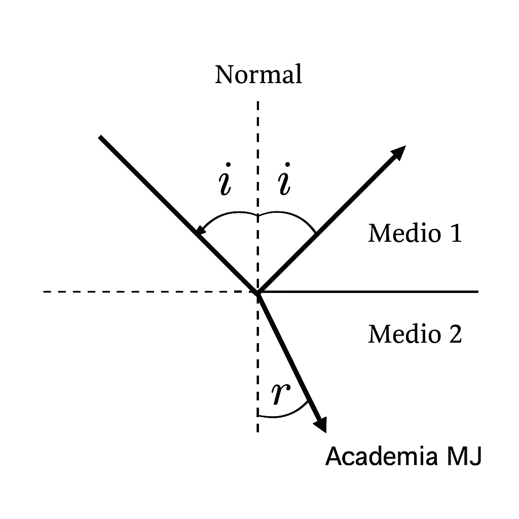 Diagrama educativo en blanco y negro que representa la ley de reflexión y refracción de la luz. Muestra los rayos incidente, reflejado y refractado con sus ángulos etiquetados como i, i y r, junto a una línea normal y las etiquetas “medio 1” y “medio 2”. Ideal para física y Selectividad.