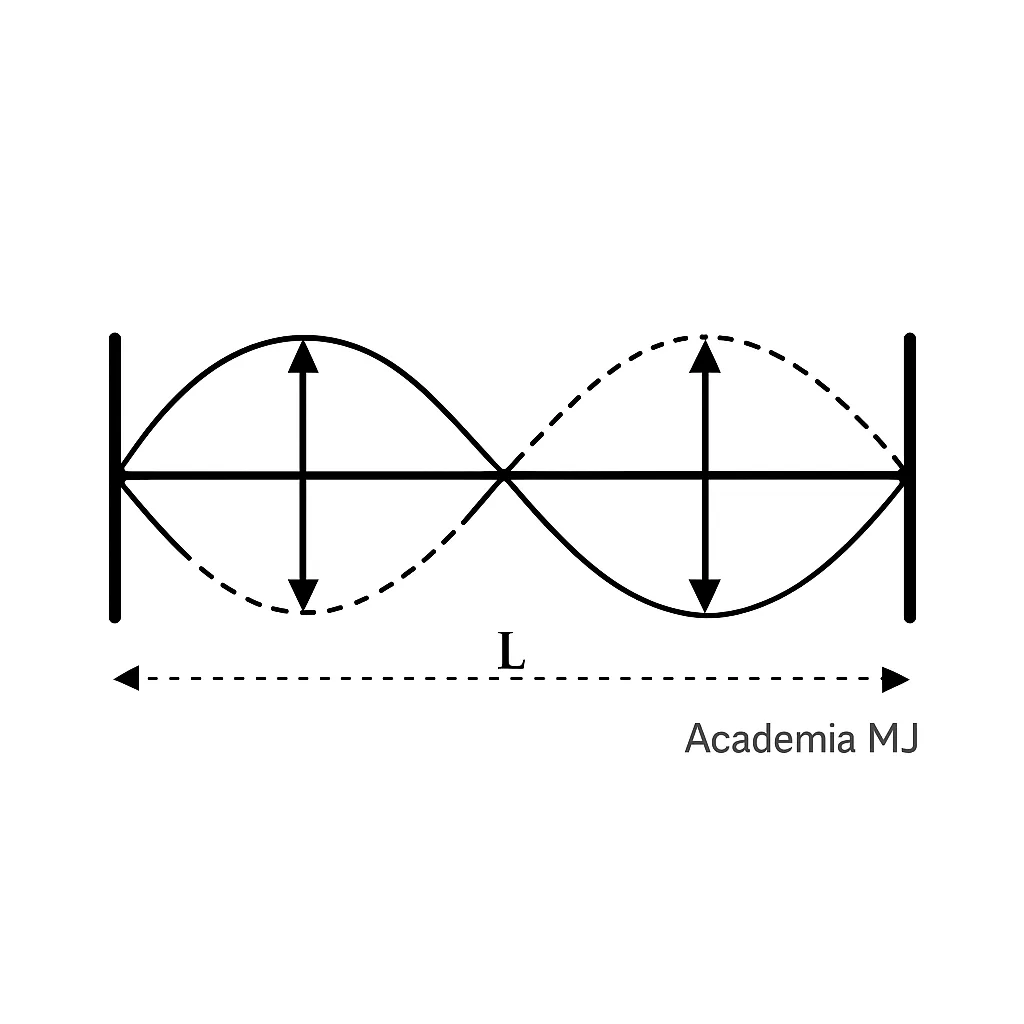 Diagrama 1:1 del primer armónico de una onda estacionaria en cuerda con extremos fijos, mostrando onda incidente continua, onda reflejada discontinua, un nodo central, antinodos con flechas y cota L.