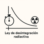 Ilustración vectorial en blanco y negro de la ley de desintegración radiactiva con curva exponencial decreciente y ejes tiempo y número de núcleos