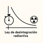 Ilustración vectorial en blanco y negro de la ley de desintegración radiactiva con curva exponencial decreciente y ejes tiempo y número de núcleos