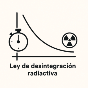 Ilustración vectorial en blanco y negro de la ley de desintegración radiactiva con curva exponencial decreciente y ejes tiempo y número de núcleos