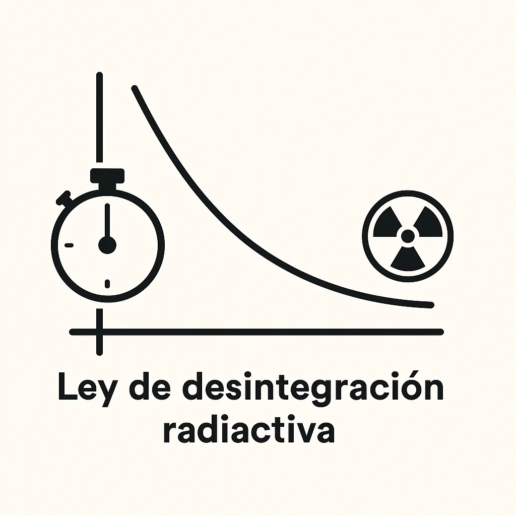 Ilustración vectorial en blanco y negro de la ley de desintegración radiactiva con curva exponencial decreciente y ejes tiempo y número de núcleos