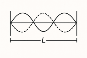 Esquema 1:1 del segundo armónico de una onda estacionaria en cuerda con extremos fijos, con onda incidente continua, onda reflejada discontinua, dos nodos intermedios, tres antinodos con flechas y cota L.