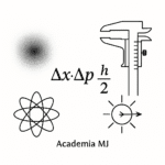 Ilustración vectorial 1:1 del principio de incertidumbre de Heisenberg con la fórmula Δx Δp ≥ ħ⁄2, haz de luz y nube de probabilidad – Academia MJ