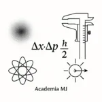 Ilustración vectorial 1:1 del principio de incertidumbre de Heisenberg con la fórmula Δx Δp ≥ ħ⁄2, haz de luz y nube de probabilidad – Academia MJ