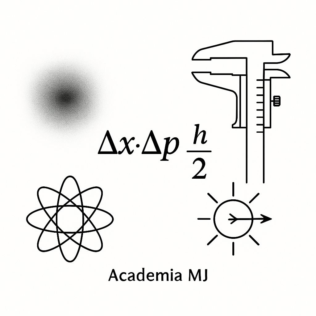 Ilustración vectorial 1:1 del principio de incertidumbre de Heisenberg con la fórmula Δx Δp ≥ ħ⁄2, haz de luz y nube de probabilidad – Academia MJ