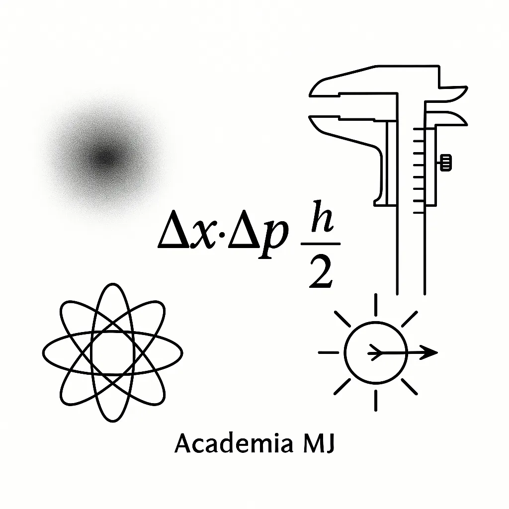 Ilustración vectorial 1:1 del principio de incertidumbre de Heisenberg con la fórmula Δx Δp ≥ ħ⁄2, haz de luz y nube de probabilidad – Academia MJ