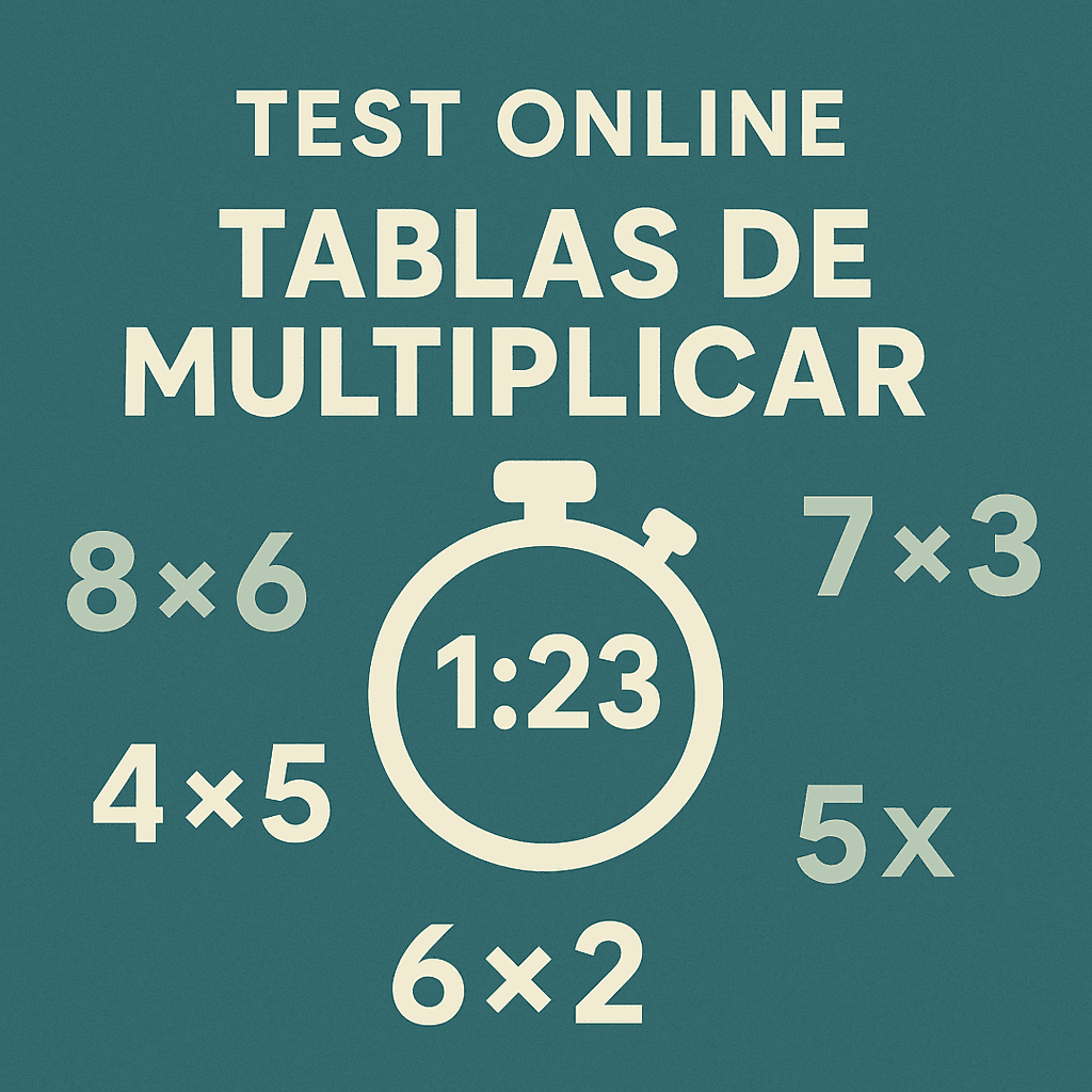 Imagen cuadrada de un test online de tablas de multiplicar con temporizador. Ideal para practicar 100 multiplicaciones aleatorias midiendo el tiempo de respuesta. Diseño educativo para alumnos de primaria
