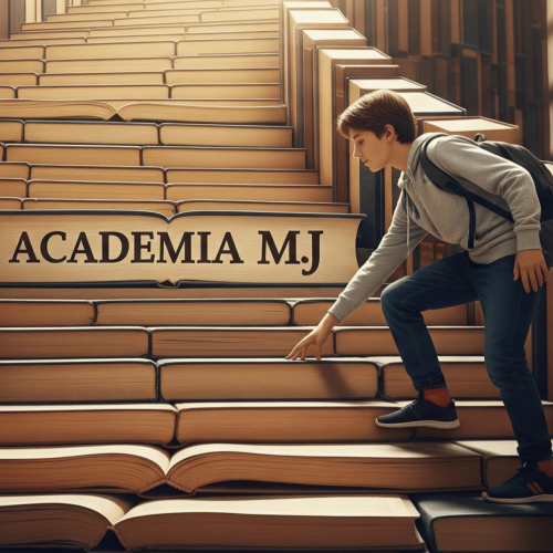 Vuelta al cole 2025 Niño de 15 años subiendo escalera de libros en Academia MJ: Inspiración educativa y metas académicas en España.