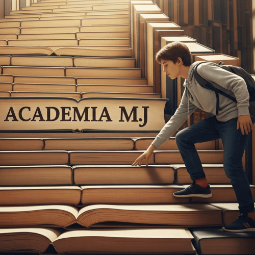 Niño de 15 años subiendo escalera de libros en Academia MJ: Inspiración educativa y metas académicas en España.